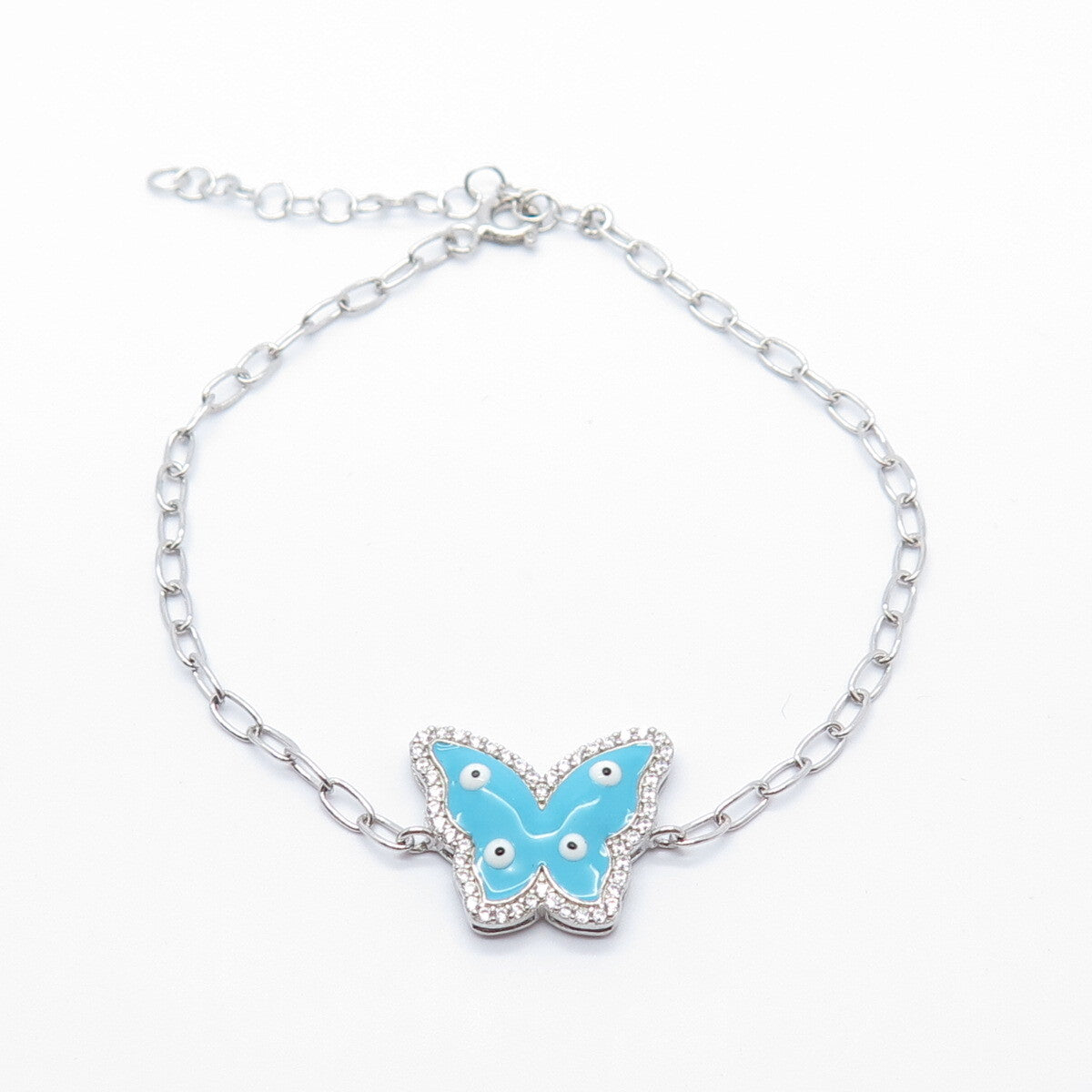 925 Sterling Silver C Z & Enamel Butterfly Rolo Link Bracelet 6.5"