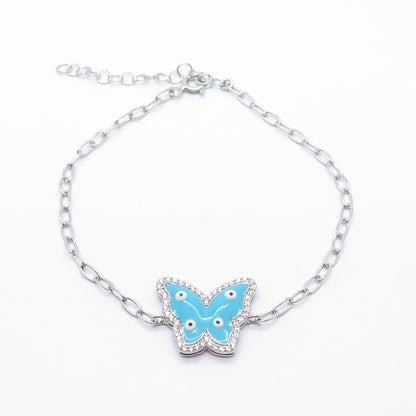 925 Sterling Silver C Z & Enamel Butterfly Rolo Link Bracelet 6.5"