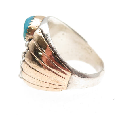 Old Pawn Sterling Silver 2-Tone Vintage Turquoise Eagle Tribal Ring Size 9.25