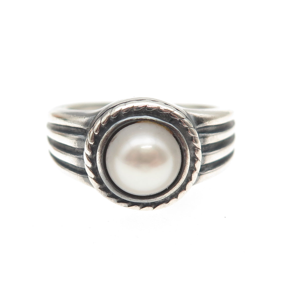 925 Sterling Silver Vintage Real Pearl Modernist Oxidized Ring Size 7
