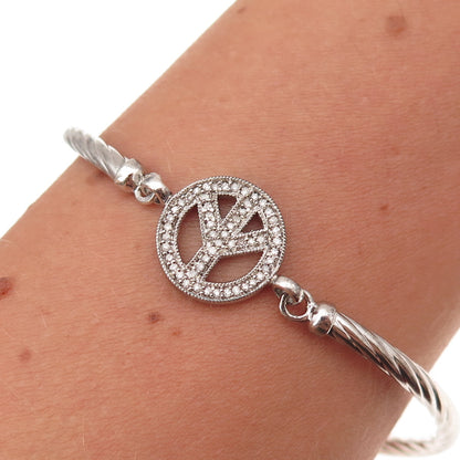 925 Sterling Silver Real Round-Cut Diamond Peace Symbol Bracelet 7"