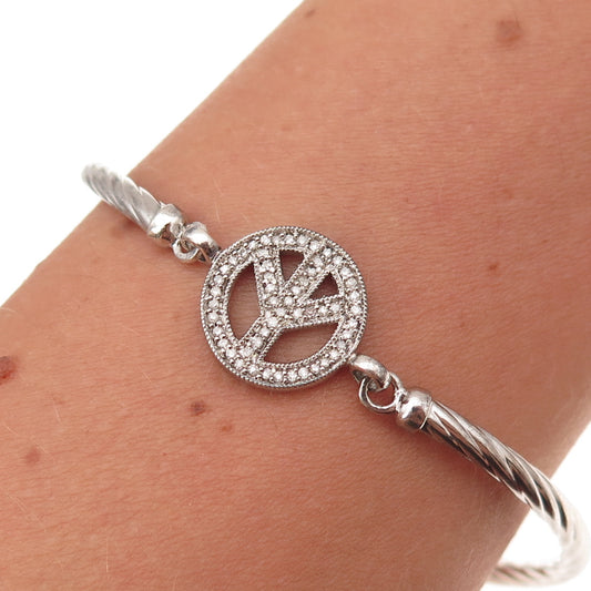 925 Sterling Silver Real Round-Cut Diamond Peace Symbol Bracelet 7"
