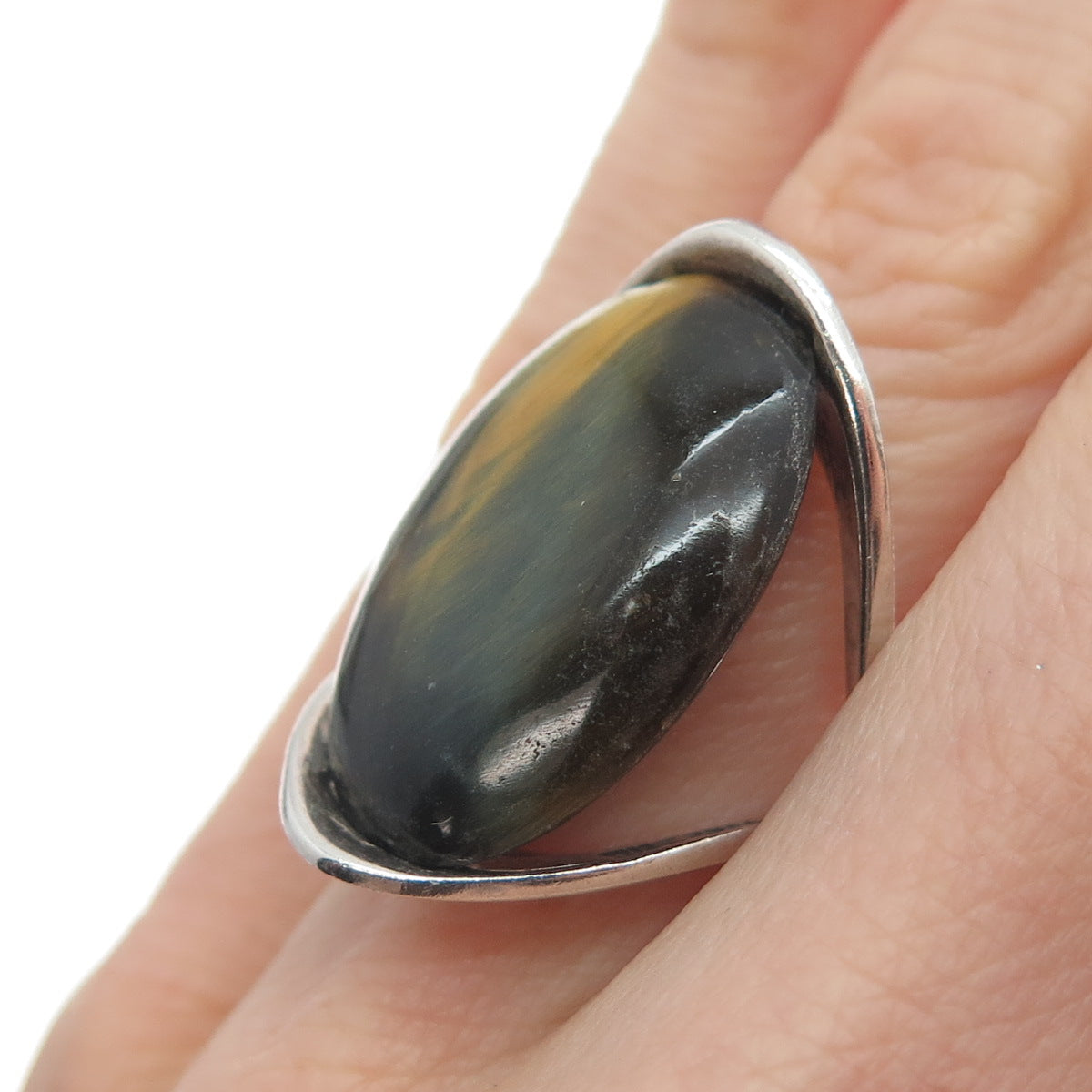 925 Sterling Silver Vintage Mexico Real Tiger Eye Modernist Ring Size 5.25