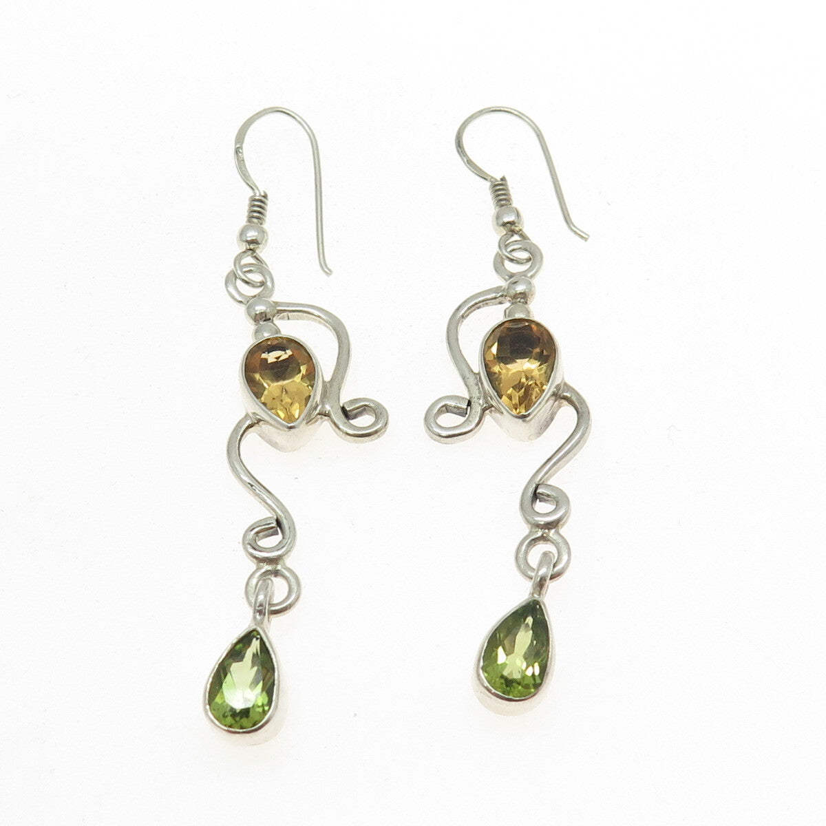 SAJEN 925 Sterling Silver Vintage Citrine & Peridot Gem Ornate Dangle Earrings