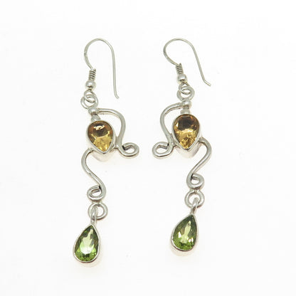 SAJEN 925 Sterling Silver Vintage Citrine & Peridot Gem Ornate Dangle Earrings