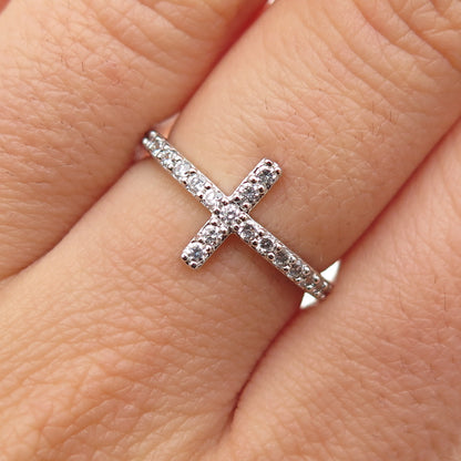 925 Sterling Silver Round-Cut C Z Cross Ring Size 6.25