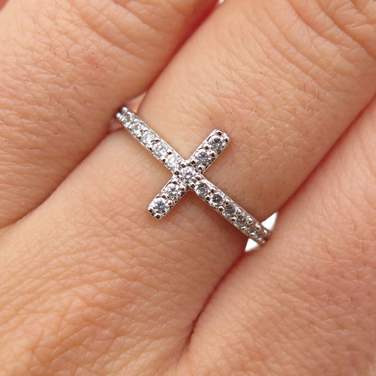 925 Sterling Silver Round-Cut C Z Cross Ring Size 6.25