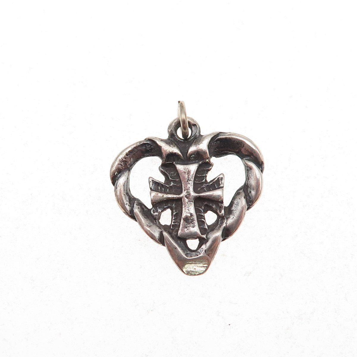 925 Sterling Silver Vintage Cross Heart Oxidized Charm Pendant