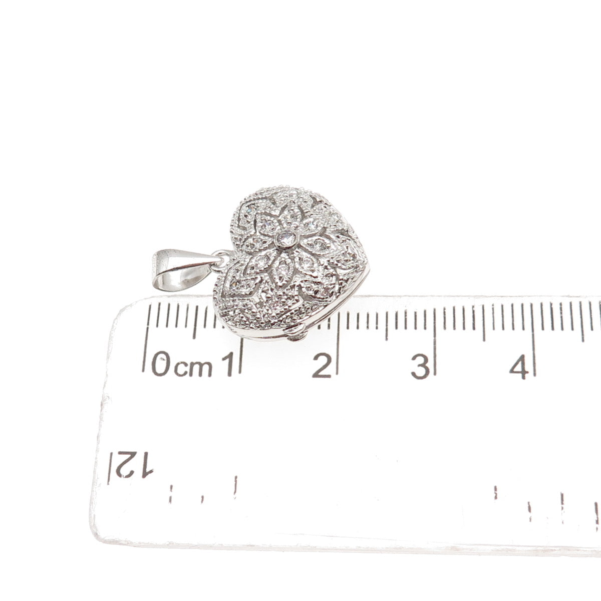 925 Sterling Silver Round-Cut C Z Heart Floral Locket Charm Pendant