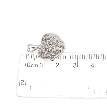 925 Sterling Silver Round-Cut C Z Heart Floral Locket Charm Pendant
