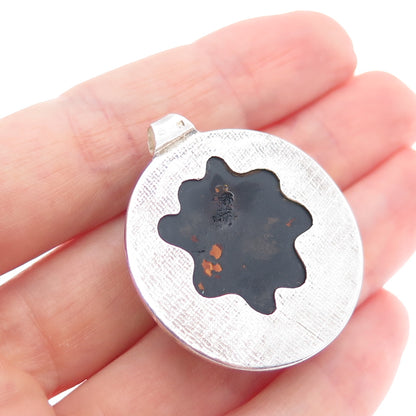 925 Sterling Silver Vintage Real Amber Modernist Oxidized Charm Pendant