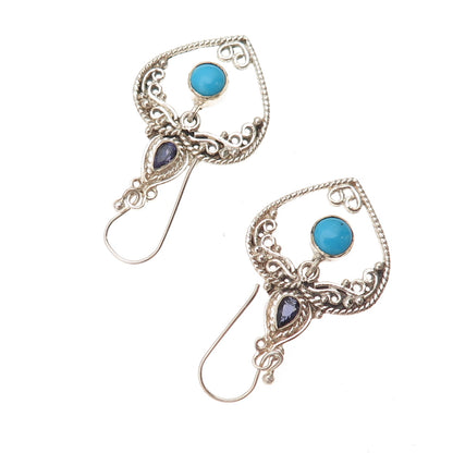 925 Sterling Silver Vintage Real Turquoise Iolite Heart Oxidized Dangle Earrings