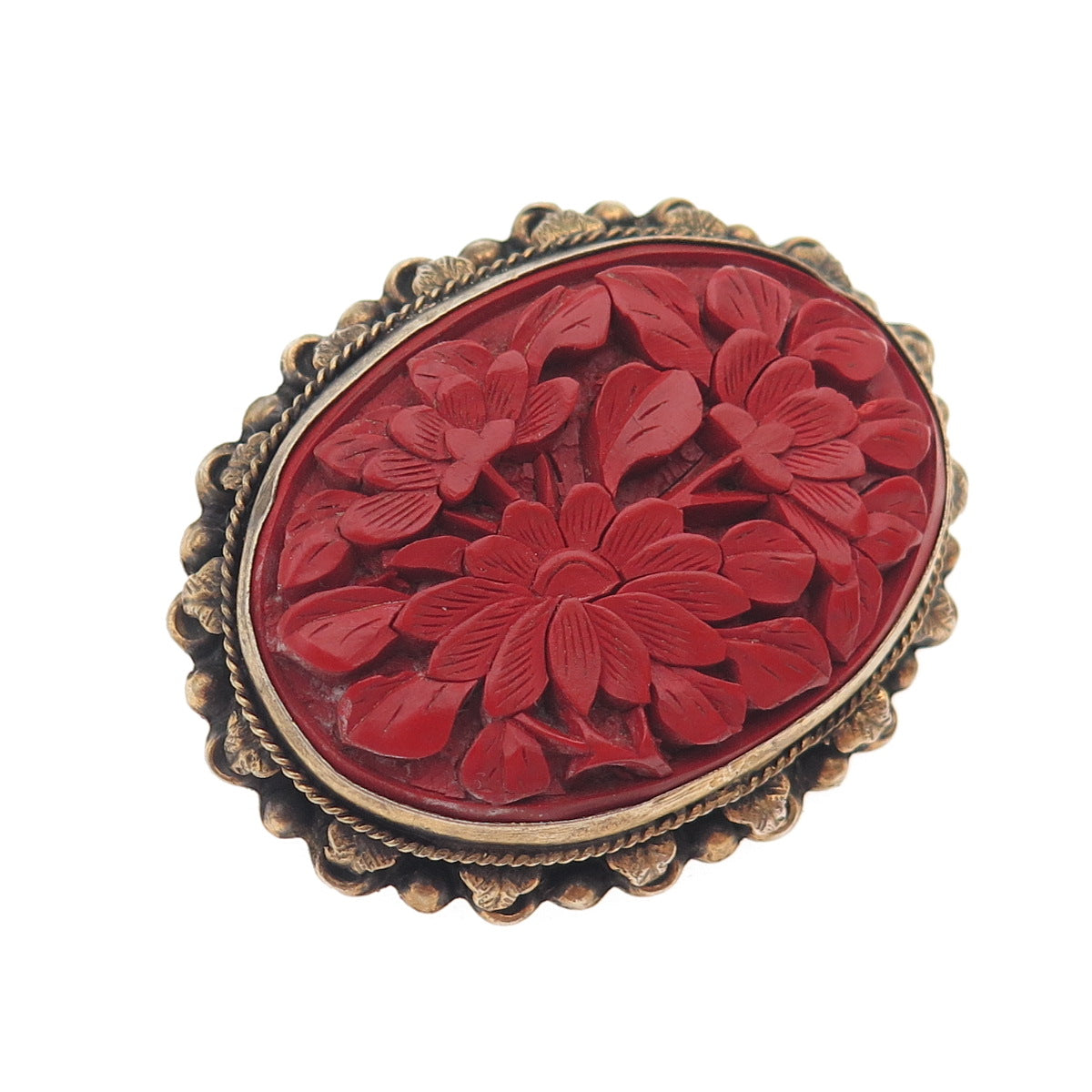 SUNG 925 Sterling Gold Plated Antique China Cinnabar Floral Brooch (missing pin)