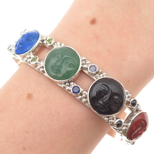 SAJEN Sterling Silver Vintage Real Multi-Gem Moon Face Adjustable Bracelet 6.75"