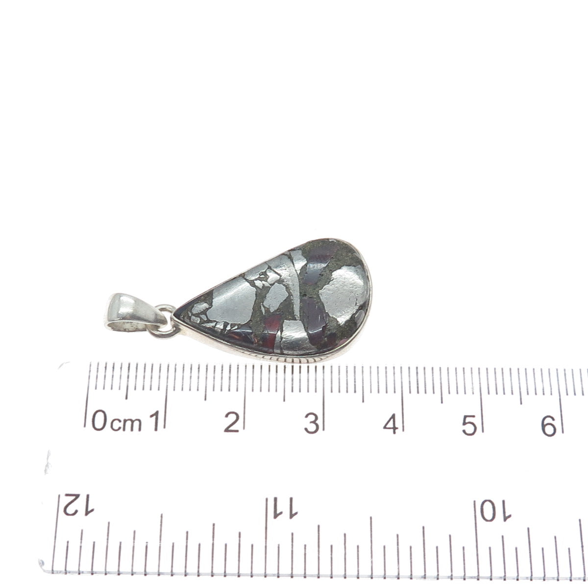 925 Sterling Vintage Real Pyrite Tourmaline & Red Garnet Inlay Modernist Pendant