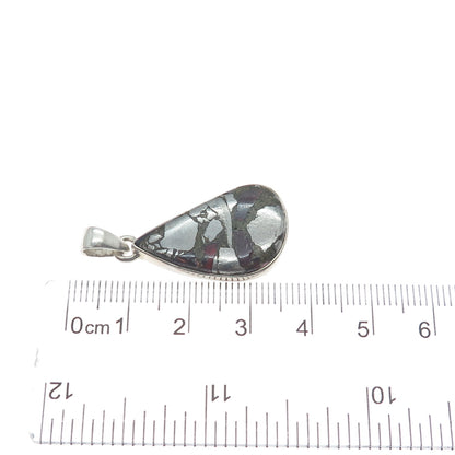 925 Sterling Vintage Real Pyrite Tourmaline & Red Garnet Inlay Modernist Pendant