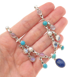 Nicky Butler Sterling Vintage Turquoise Pearl Lapis & Moonstone Necklace 18-20"