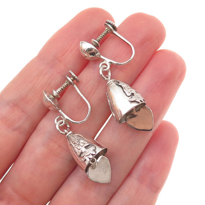 925 Sterling Silver Antique Art Deco Siam Hindu Goddess Bell Screw Back Earrings