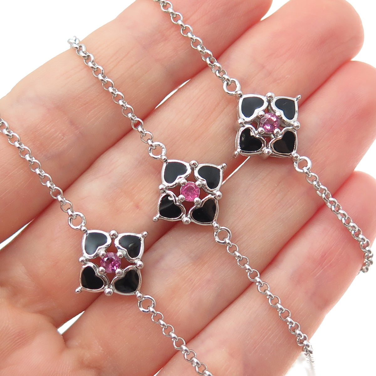 925 Sterling Silver Enamel Real Tourmaline Flower By The Yard Long Necklace 34"