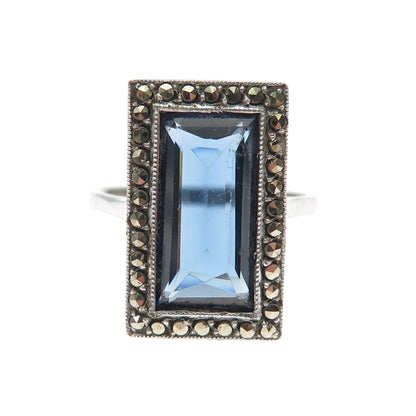 935 Silver Antique Art Deco Blue Rhinestone Real Marcasite Ring Size 5.75