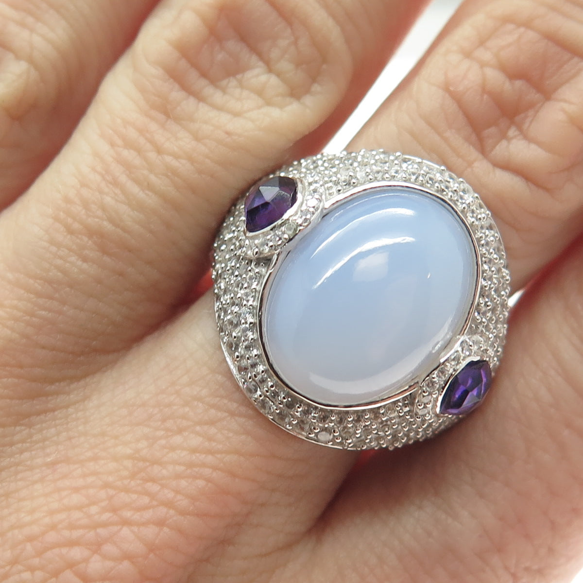 925 Sterling Silver Real Chalcedony Amethyst & White Topaz Ring Size 8.25