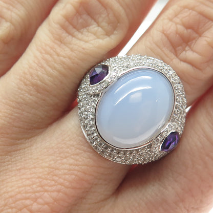 925 Sterling Silver Real Chalcedony Amethyst & White Topaz Ring Size 8.25