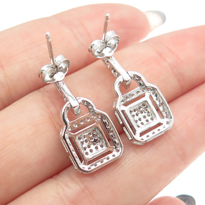 925 Sterling Silver Pave C Z Padlock Dangling Earrings