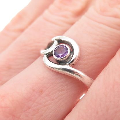 925 Sterling Silver Vintage Real Amethyst Modernist Swirl Ring Size 7.75