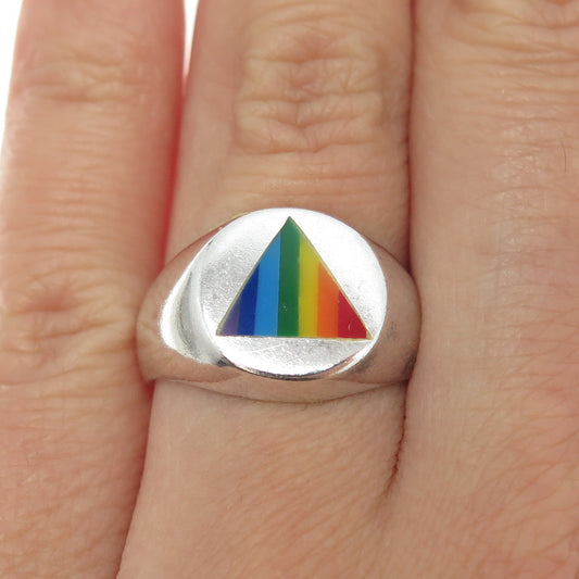 925 Sterling Silver Vintage Rainbow Enamel "Happy Pride" Signet Ring Size 7