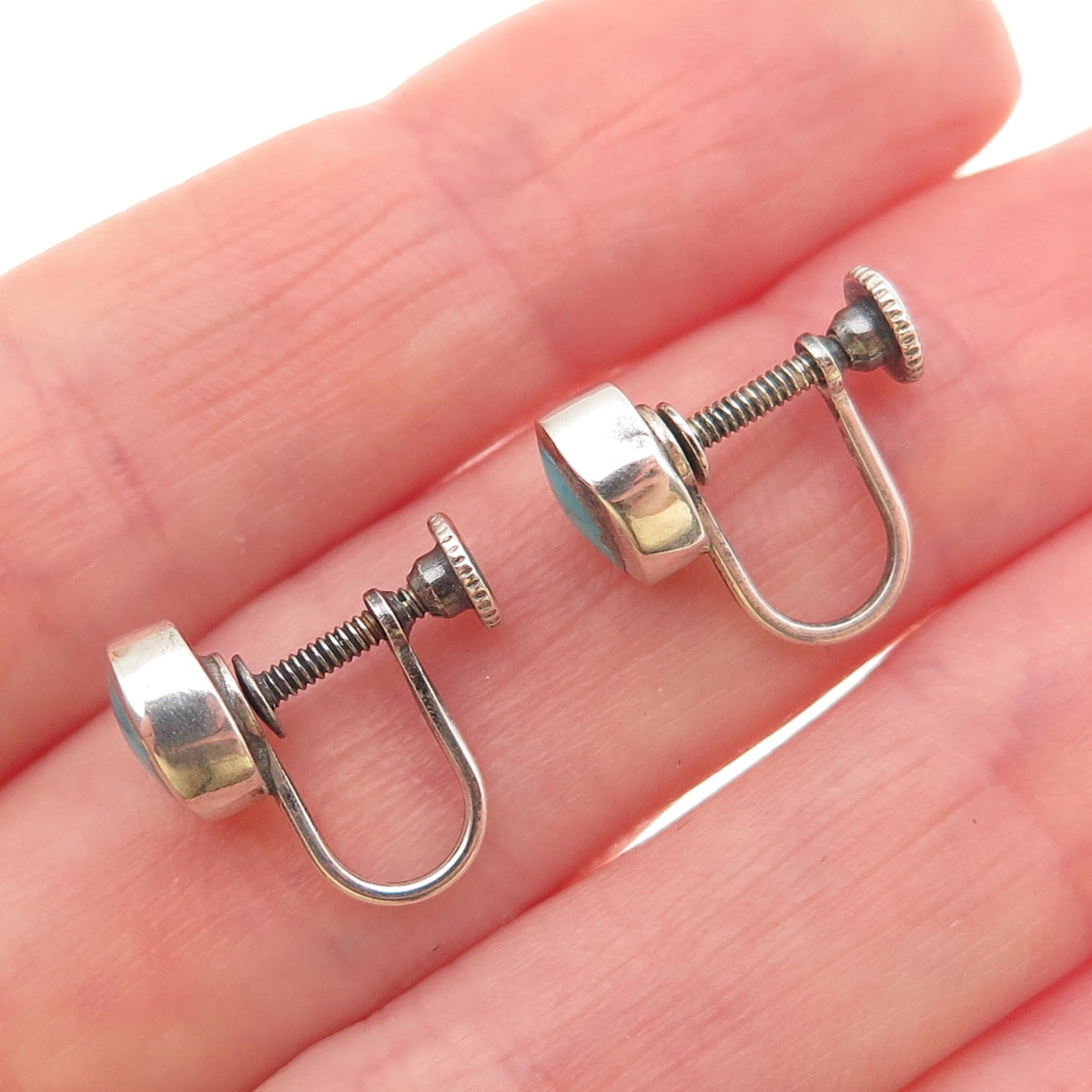 Old Pawn 925 Sterling Silver Vintage Turquoise Tribal Screw Back Earrings