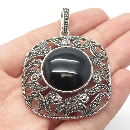 925 Sterling Silver Vintage Chapal Zenray Black Onyx & Marcasite Gem Pendant