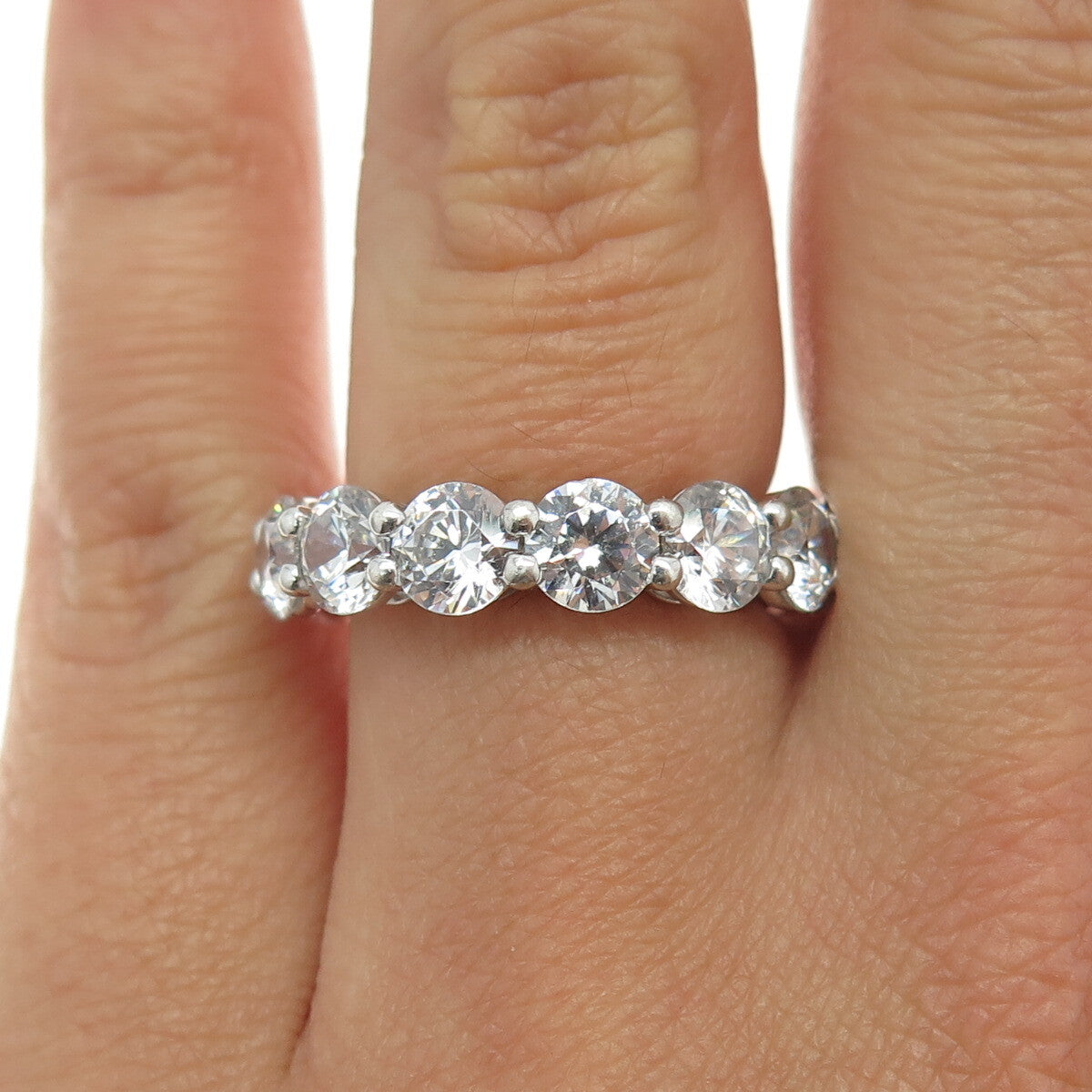 925 Sterling Silver Round-Cut Shaped C Z All Around Eternity Band Ring Size 6.25