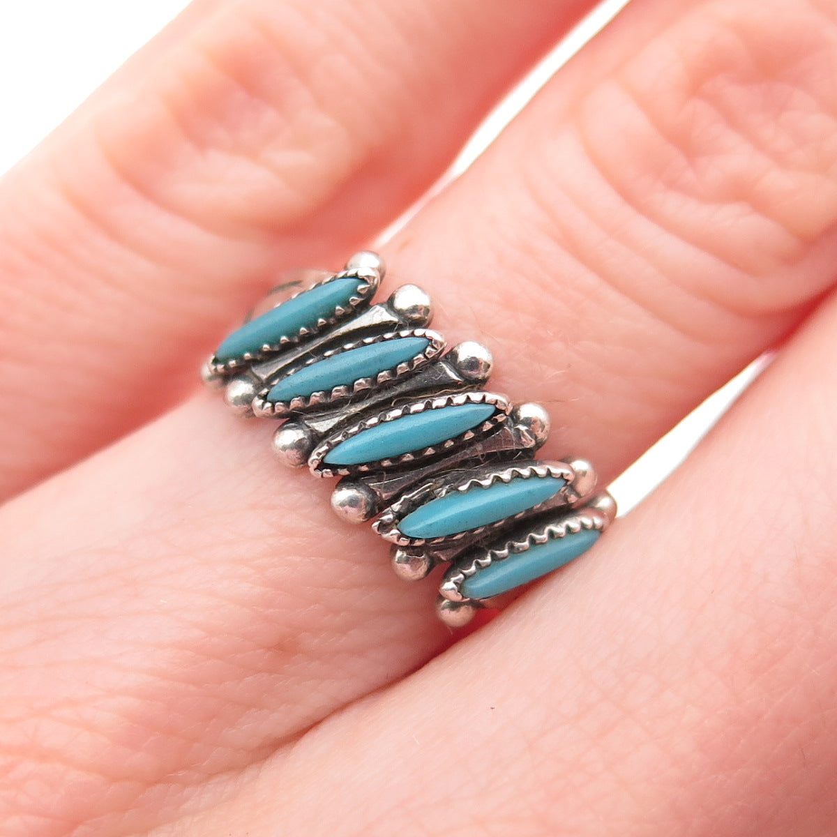 Bell Trading Post Old Pawn Sterling Vintage Turquoise Needlepoint Ring Size 4.75