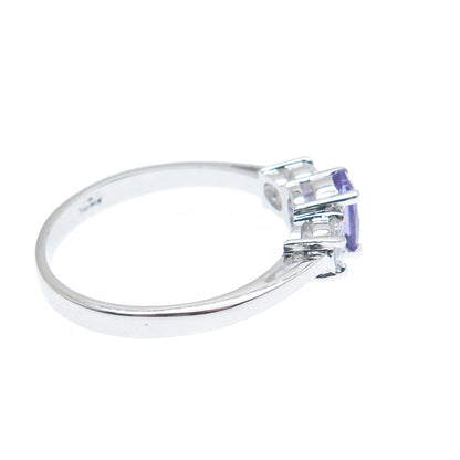 925 Sterling Silver Real Oval-Cut Amethyst Gem & Round-Cut C Z Ring Size 9.25