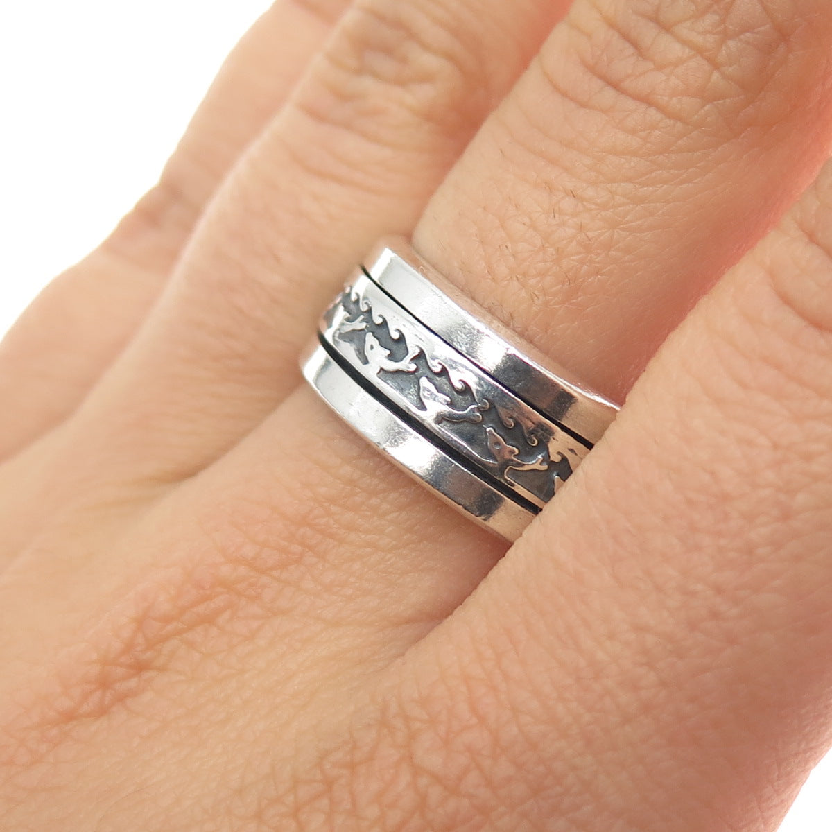 925 Sterling Silver Vintage Mexico Dolphin Rotating Band Oxidized Ring Size 10.5