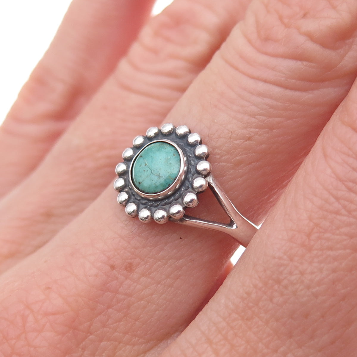 Old Pawn 925 Sterling Silver Vintage Turquoise Sun Beaded Tribal Ring Size 9
