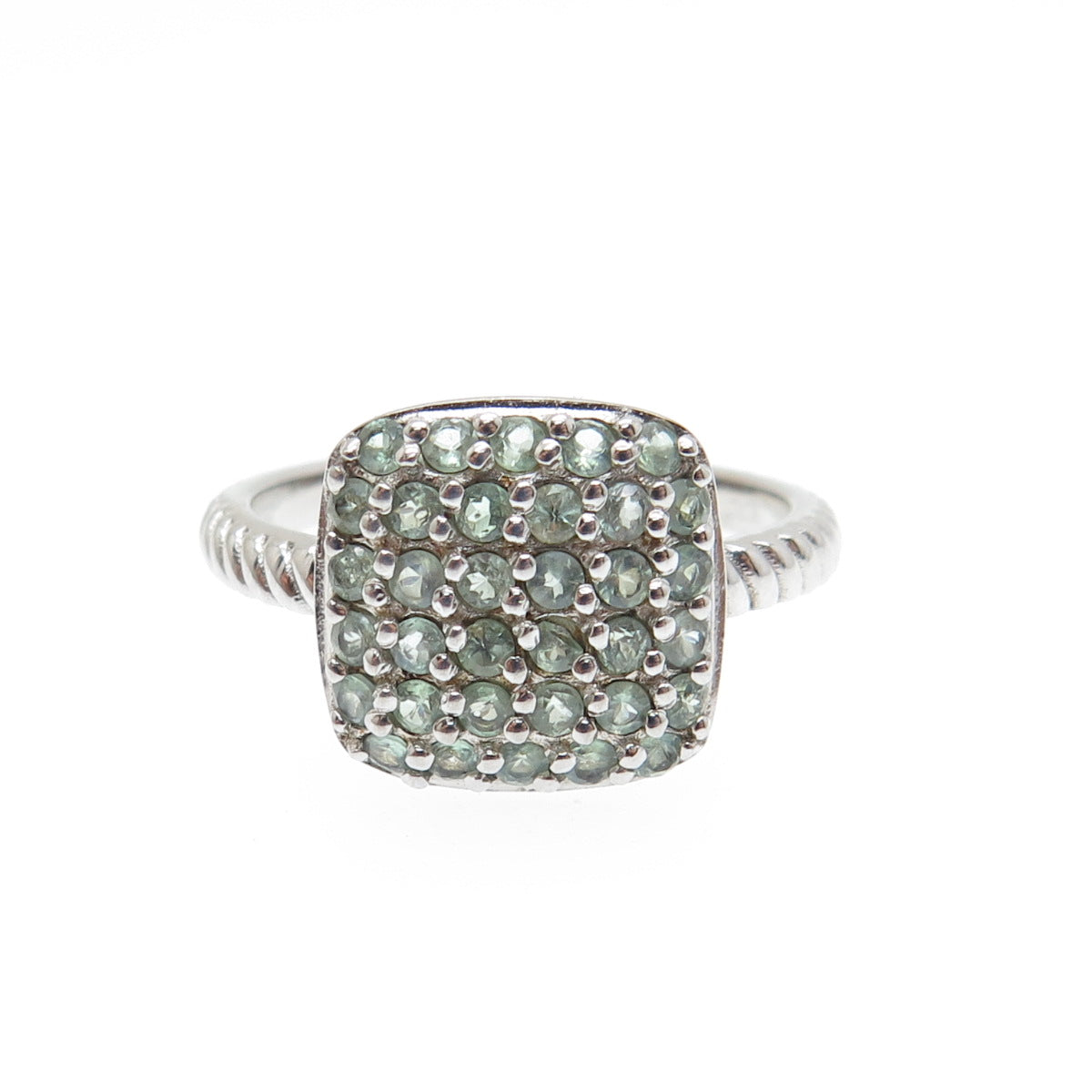 925 Sterling Silver Real Round-Cut Green Topaz Cushion Ring Size 7.25