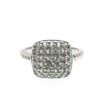 925 Sterling Silver Real Round-Cut Green Topaz Cushion Ring Size 7.25
