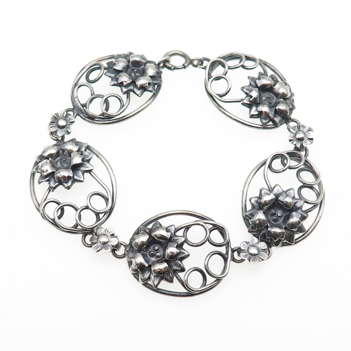 925 Sterling Silver Antique Art Deco Flower Oxidized Panel Link Bracelet 7.5"