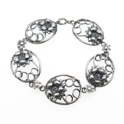 925 Sterling Silver Antique Art Deco Flower Oxidized Panel Link Bracelet 7.5"