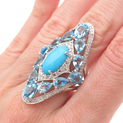 Chuck Clemency 925 Sterling Silver Real Turquoise White & Blue Topaz Ring Size 8