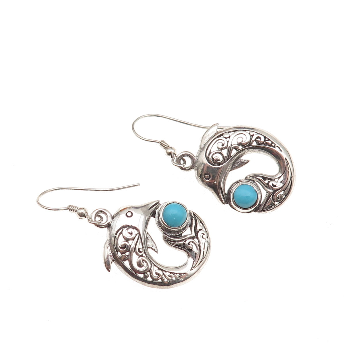 925 Sterling Silver Real Sleeping Beauty Turquoise Dolphin Dangle Earrings