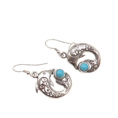 925 Sterling Silver Real Sleeping Beauty Turquoise Dolphin Dangle Earrings