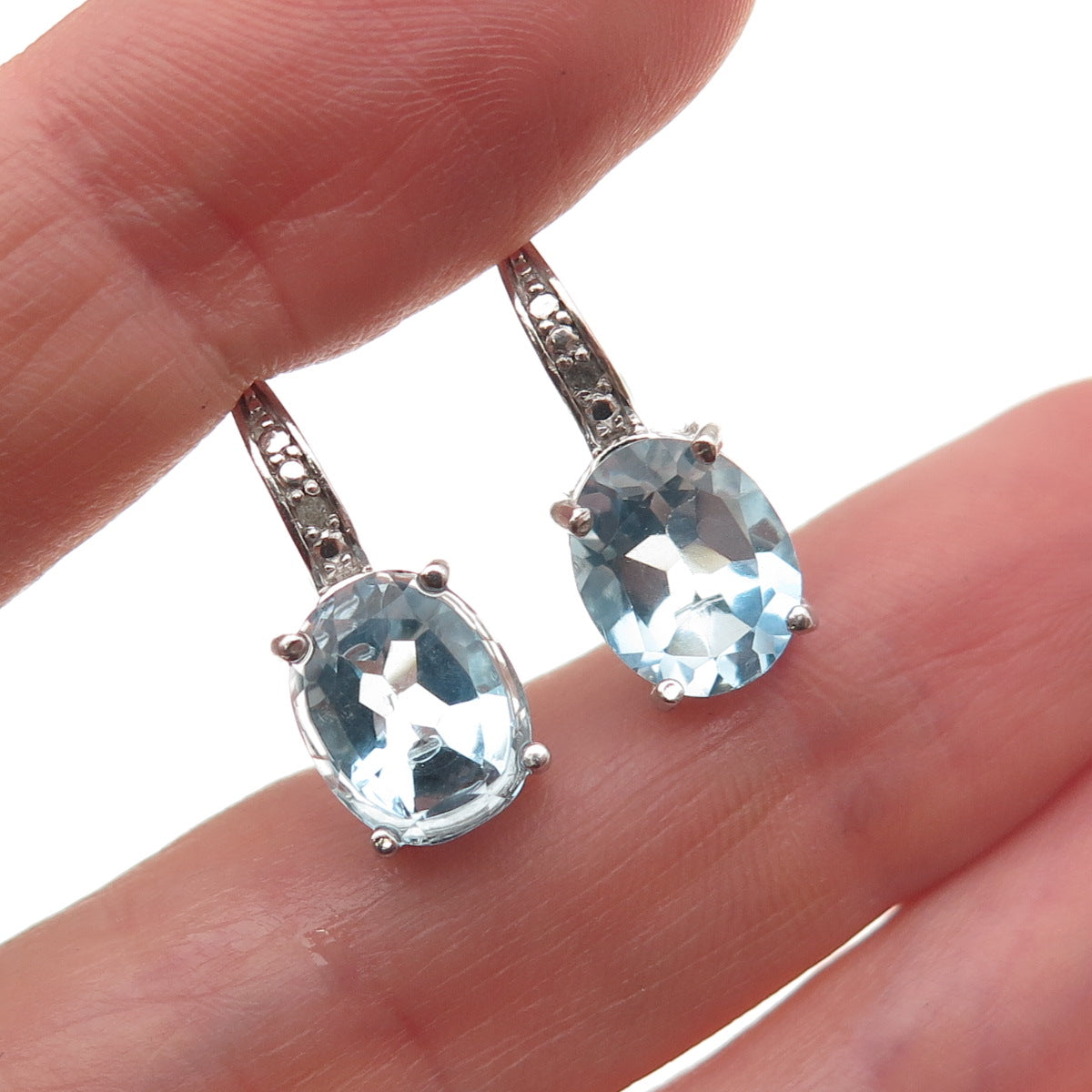 925 Sterling Silver Real Round-Cut Diamond & Oval-Cut Blue Topaz Earrings
