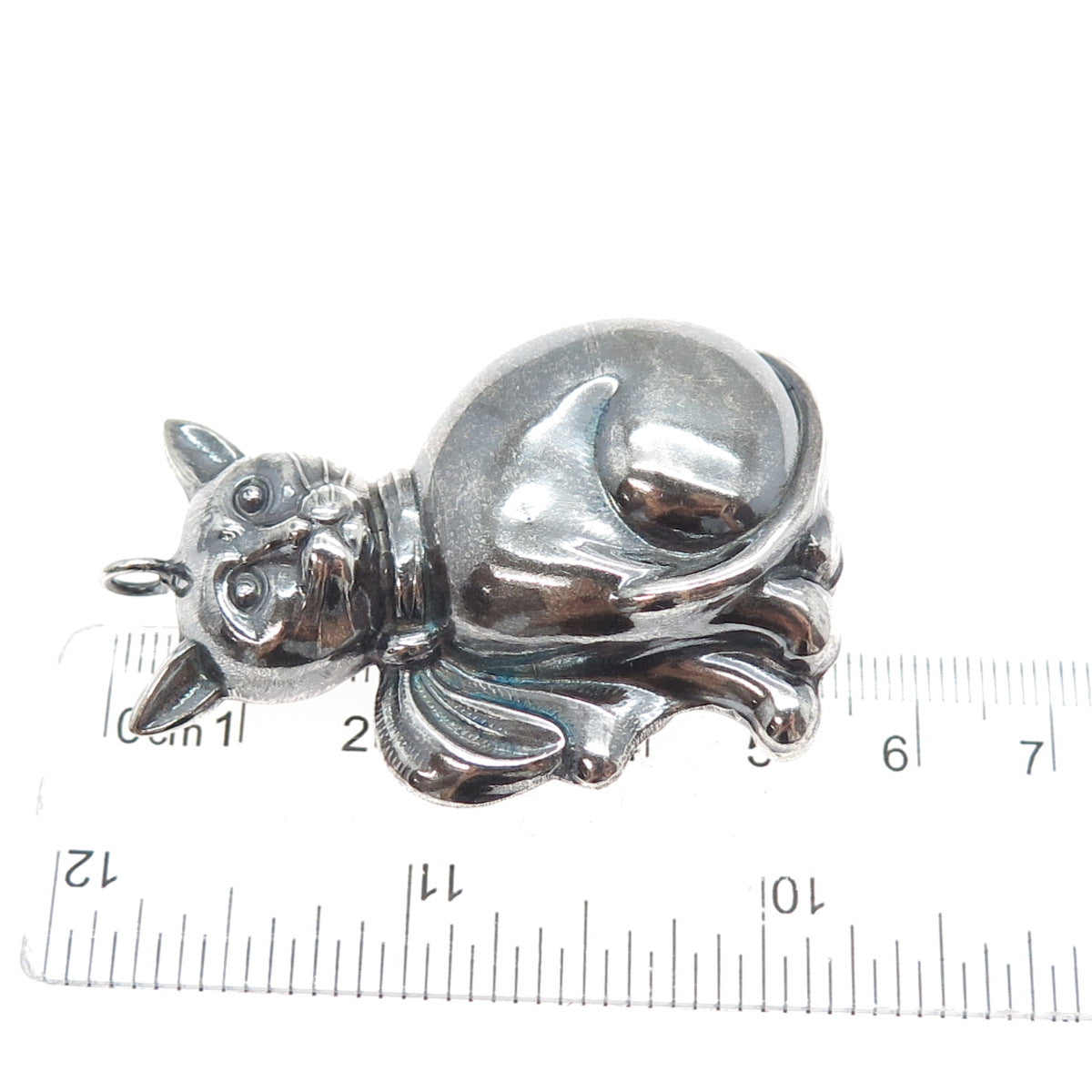 925 Sterling Silver Vintage Cat Modernist Oxidized Puffy Pendant