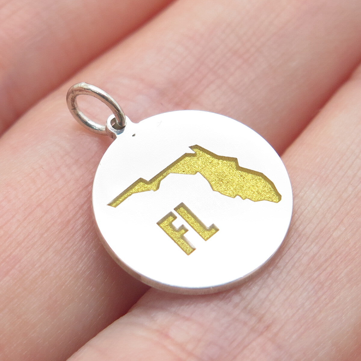 925 Sterling Silver Yellow Enamel Florida State Map Minimalist Charm Pendant