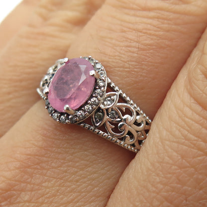 D'JOY 925 Sterling Silver Vintage White Topaz & Pink Sapphire Gem Ring Size 7