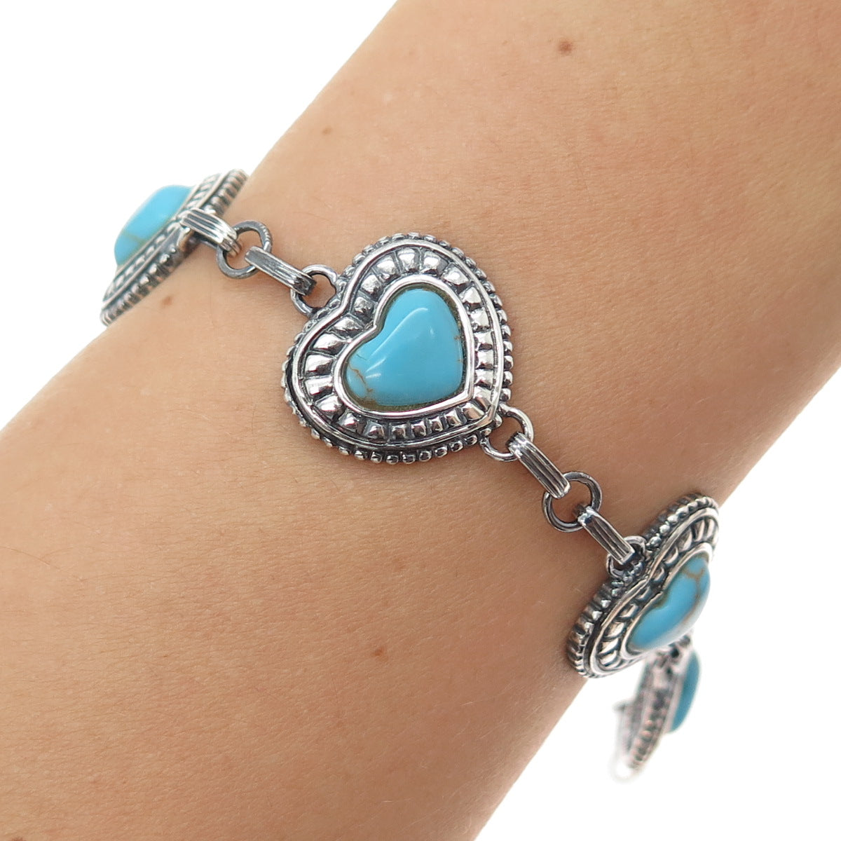 LENOX 925 Sterling Silver Vintage Real Turquoise Heart Link Oxidized Bracelet 8"