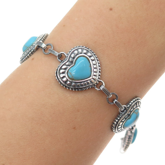 LENOX 925 Sterling Silver Vintage Real Turquoise Heart Link Oxidized Bracelet 8"