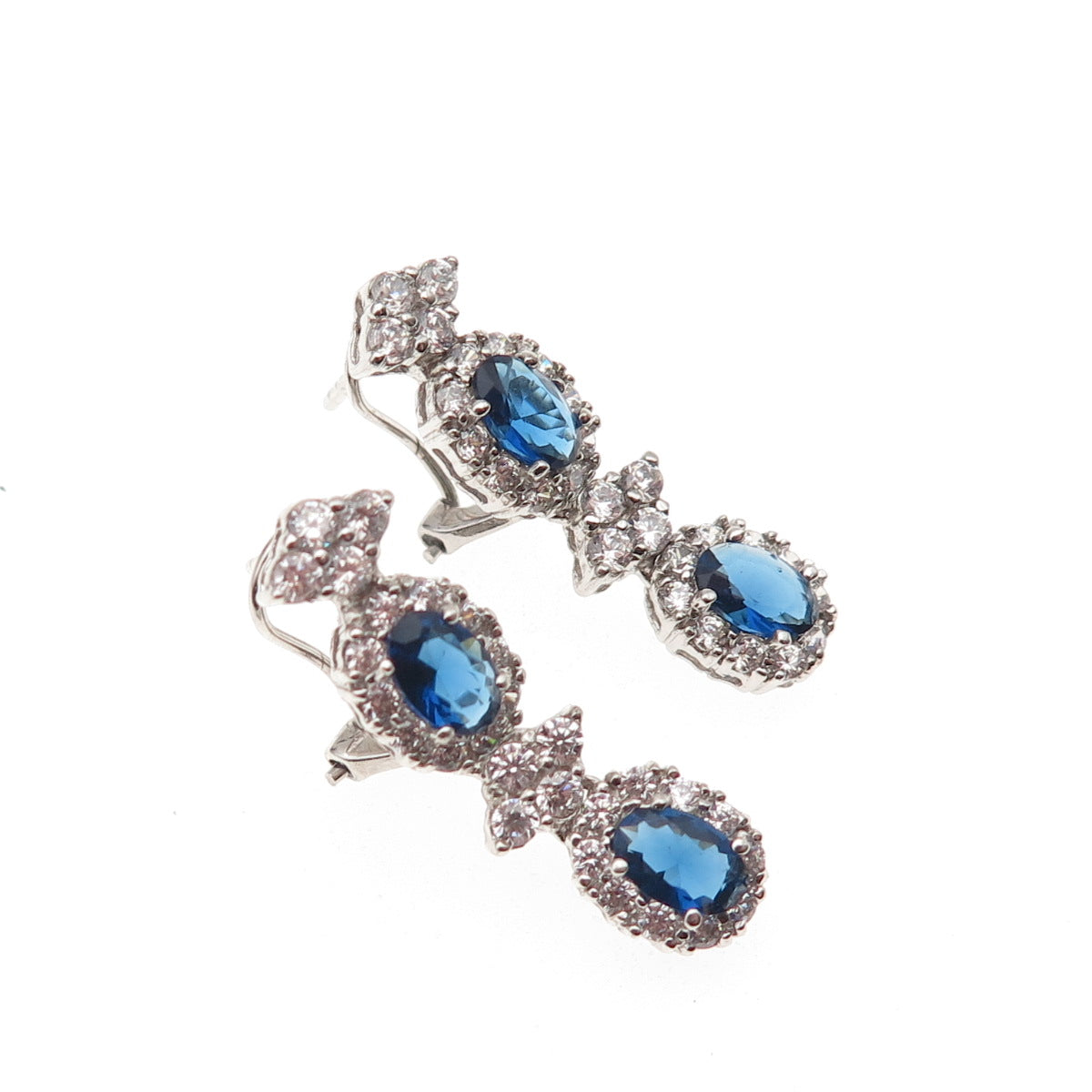 925 Sterling Silver Blue & White C Z Bohemian Omega Back Earrings
